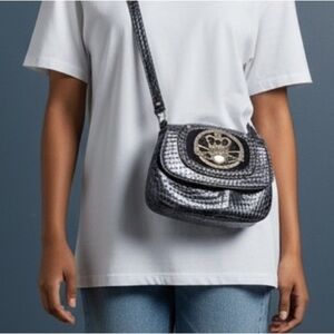 Kathy Van Zeeland Crown Emblem Crossbody – Navy Faux Snakeskin